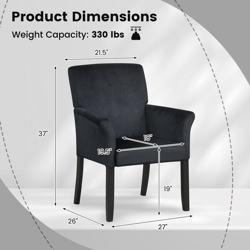 Black fabric upholstered executive guest armchair with rubber wood legs, showcasing dimensions and weight capacity of.