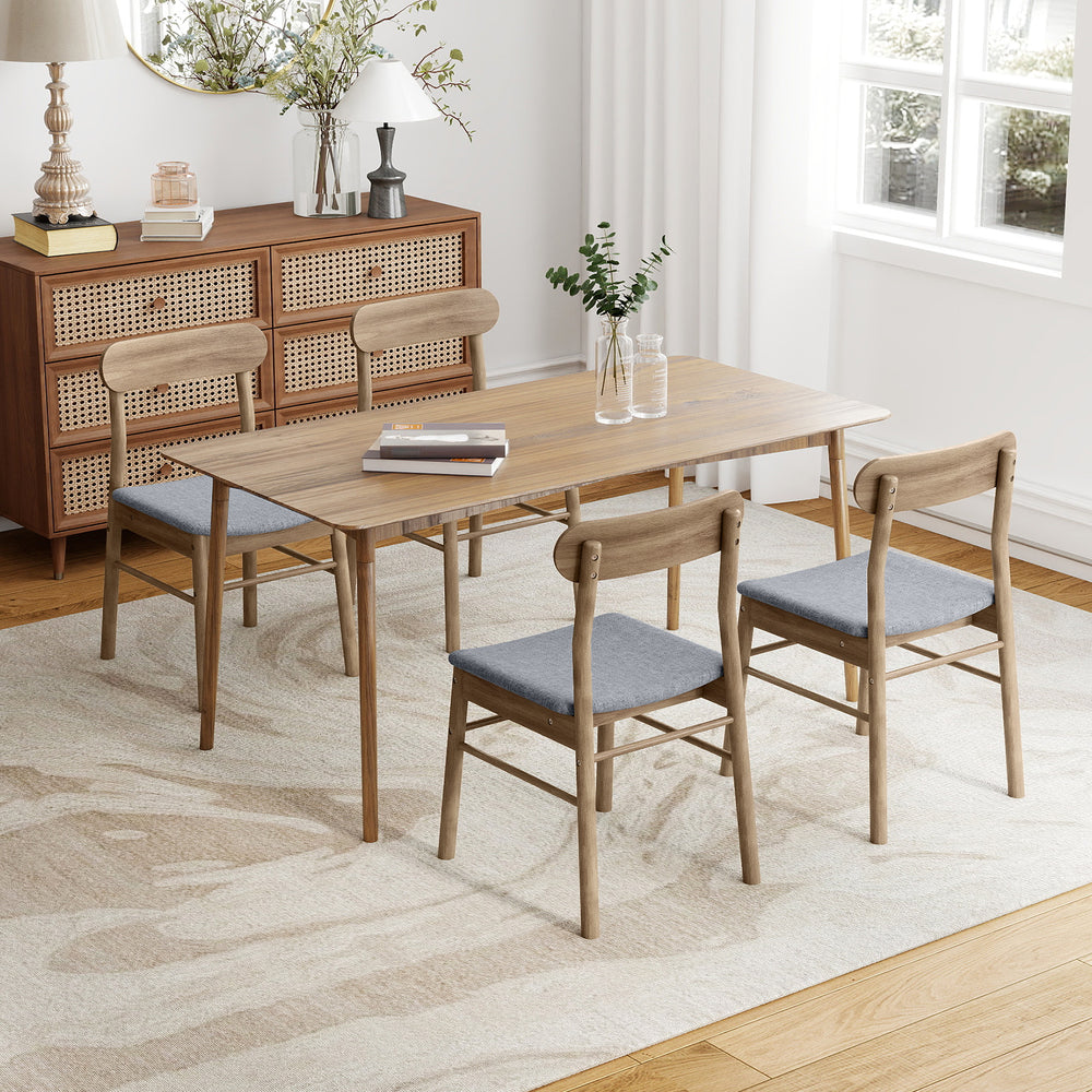 Set of two oak fabric upholstered dining chairs with rubber wood frame, featuring curved backrest for lumbar support.