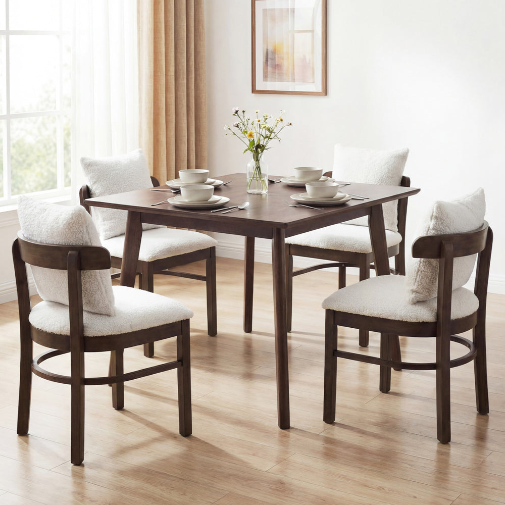 Gray fabric upholstered dining chairs set of 4 with removable pillows, featuring solid rubber wood legs and curved.