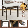 Gray fabric upholstered dining chair with solid rubber wood legs, removable pillow, and non-slip foot pads for comfort.