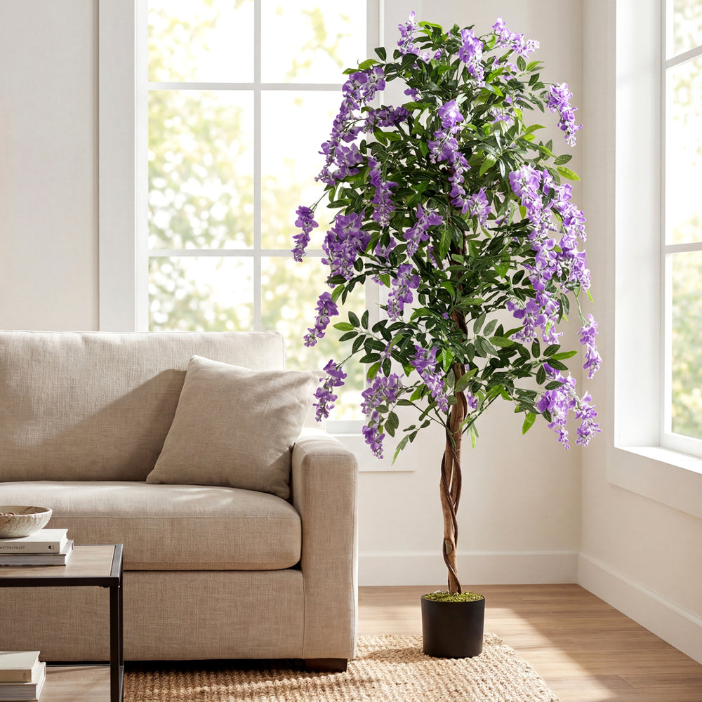 Lifelike 6 FT artificial wisteria tree with purple flowers and natural trunks, perfect for home or office decor.