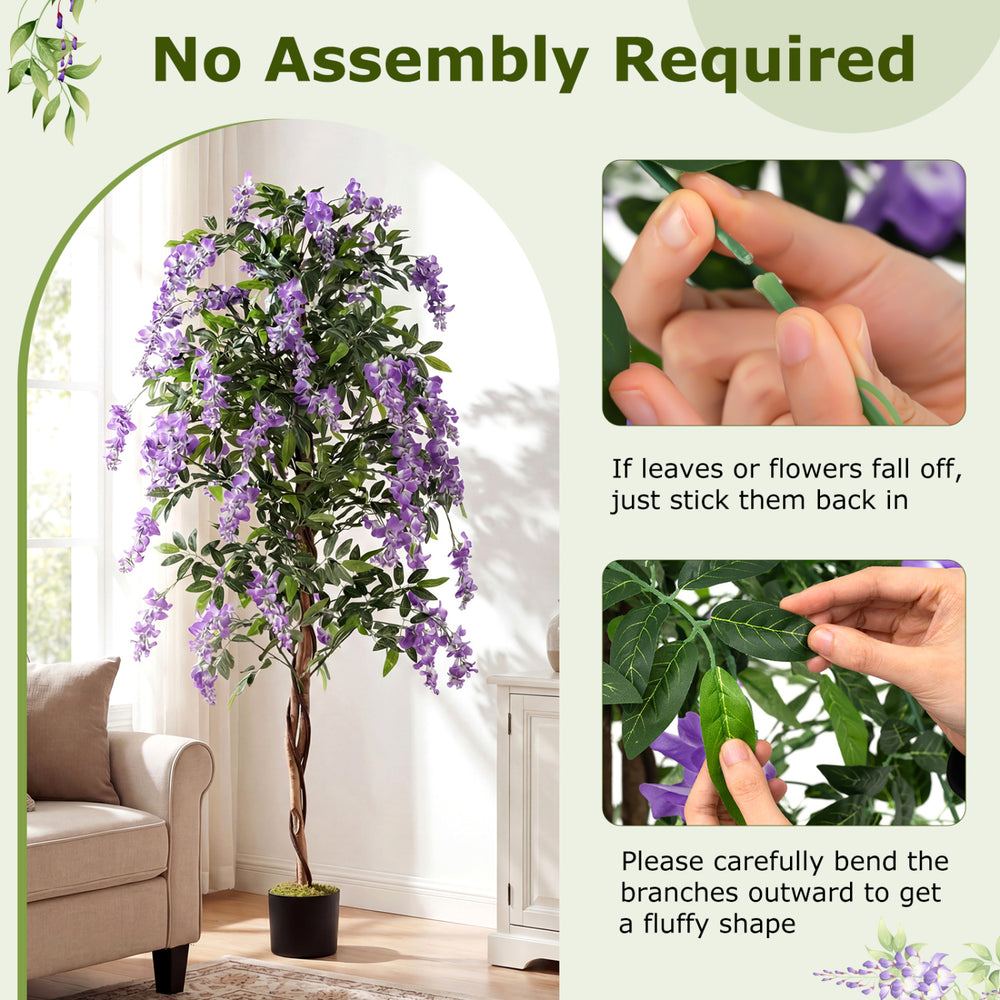 Close-up of purple flowers on a 6 FT artificial wisteria tree with natural trunks, perfect for adding charm to any.