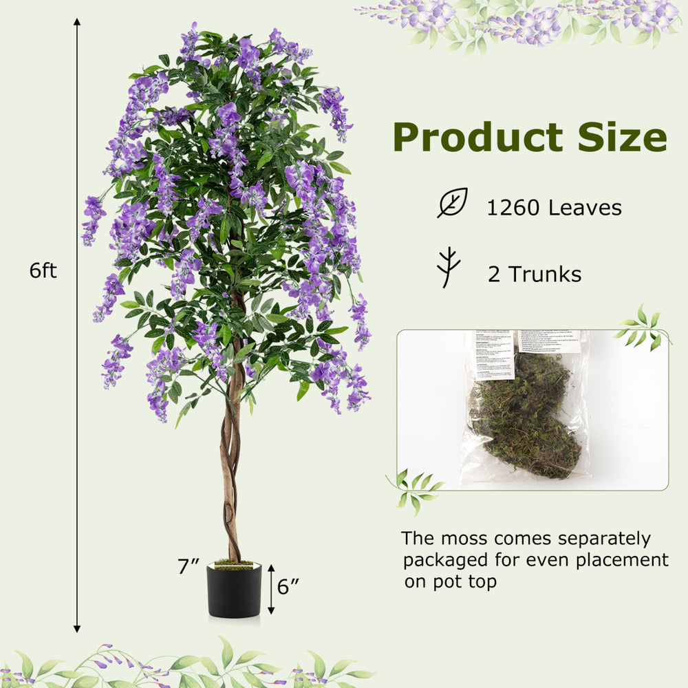 6 FT artificial wisteria tree with purple flowers, natural trunks, and moss, perfect for home or office decor.