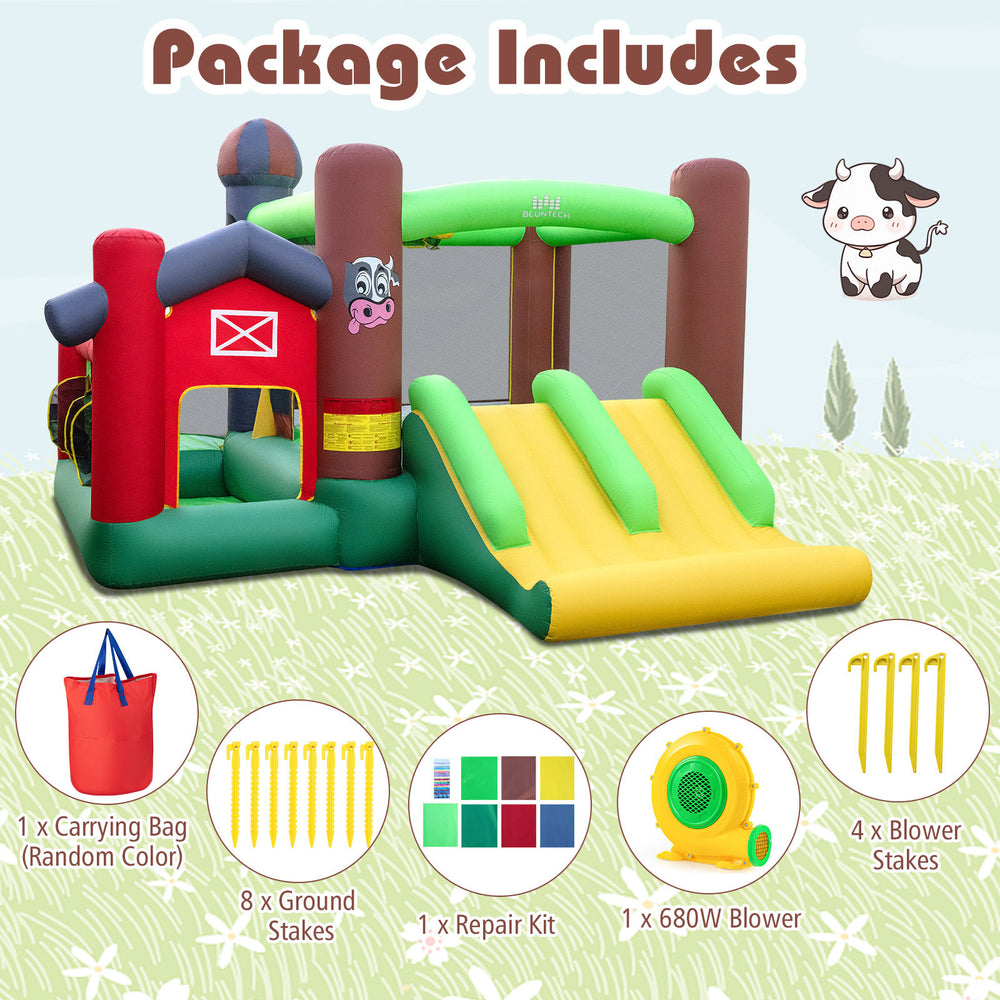 Kids Castle Slide Bouncer 6-in-1 inflatable with dual slides, trampoline, and 680W blower for versatile outdoor fun.