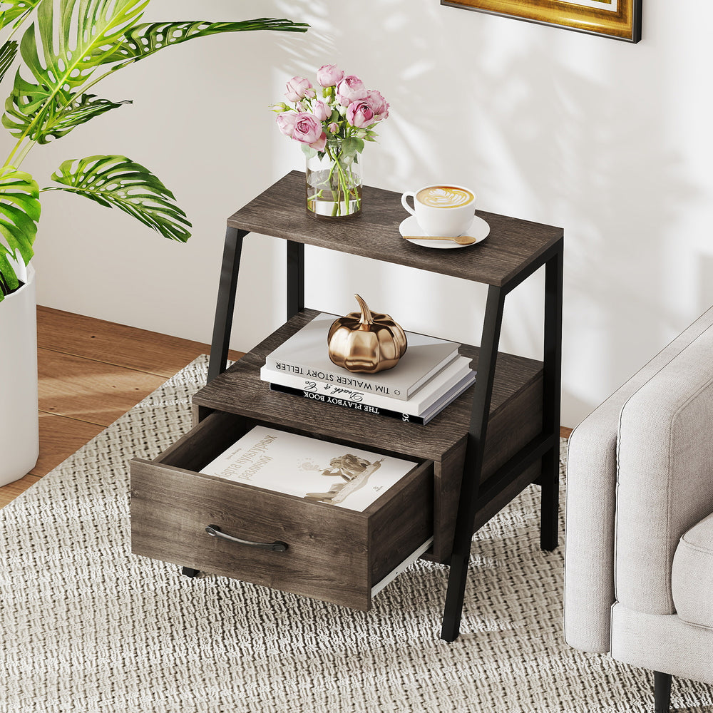 3-tier farmhouse nightstand with open shelf, sturdy metal frame, and convenient drawer for living room or bedroom.
