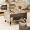 Farmhouse accent coffee table with natural wood texture, storage compartments, and modern design for living room use.