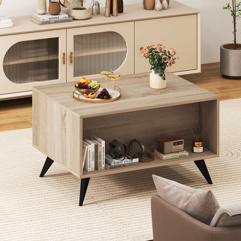 Farmhouse accent coffee table with natural wood texture, storage compartments, and modern design for living room use.
