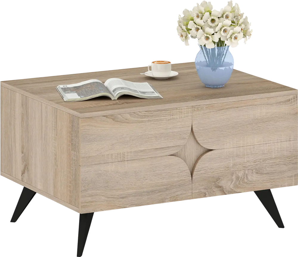 Farmhouse accent coffee table in natural wood with storage, featuring a stylish design and ample space for decor and.