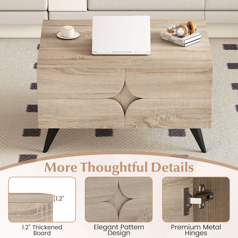 Farmhouse accent coffee table with natural wood texture, 1.2" thick board, and elegant pattern design for versatile use.