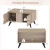 Farmhouse accent coffee table with storage, natural wood finish, featuring three cabinet doors and modern design for.