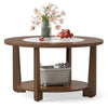Round coffee table with 2-tone finish, open storage shelf, and solid rubber wood legs for living room use.