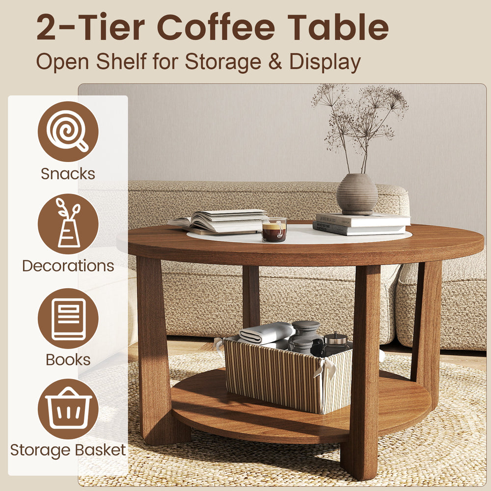 Round 2-tier coffee table with a 2-tone finish, open shelf for storage, ideal for living room decor and organization.
