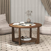Round coffee table with 2-tone finish and open storage shelf, perfect for living room decor and organization.