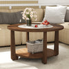 Round coffee table with a 2-tone finish, open storage shelf, and solid rubber wood legs for living room decor.