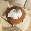 Round coffee table with a 2-tone tabletop, open storage shelf, and solid rubber wood legs for living room use.