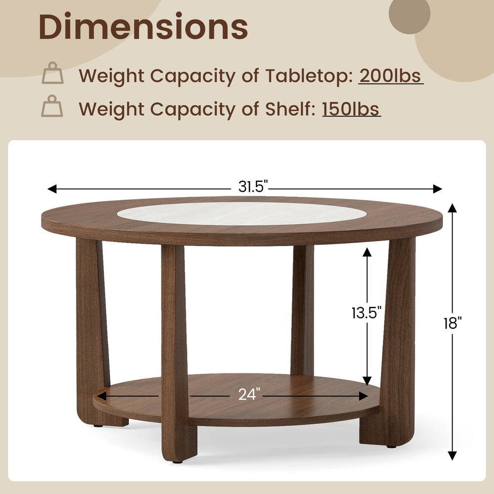 Dimensions of the Farmhouse Accent Round Coffee Table, showcasing weight capacity and size specifications for living.