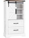 Freestanding white farmhouse bathroom cabinet with sliding barn door, adjustable shelves, and two large drawers for.