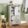 Freestanding white farmhouse bathroom cabinet featuring a wide top for toiletries and decorative metal corners for.