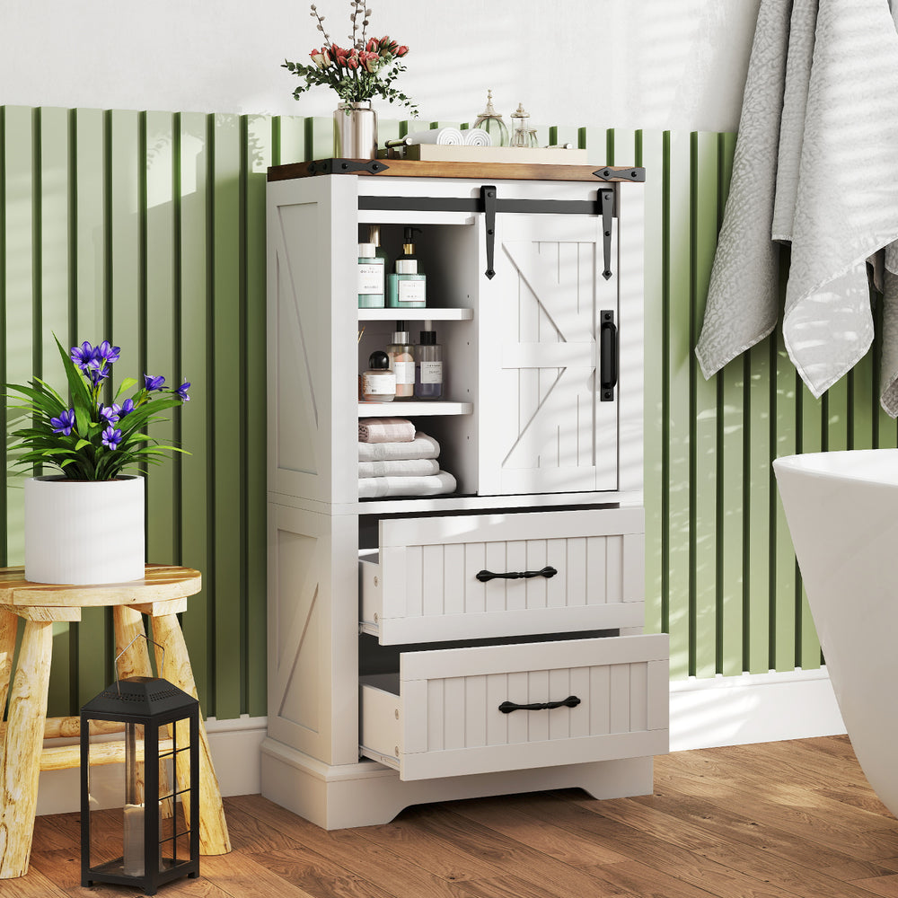 Freestanding white farmhouse bathroom cabinet featuring a wide top for toiletries and decorative metal corners for.