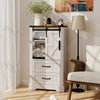 Freestanding white farmhouse bathroom cabinet with sliding barn door, two drawers, and adjustable shelves for versatile.