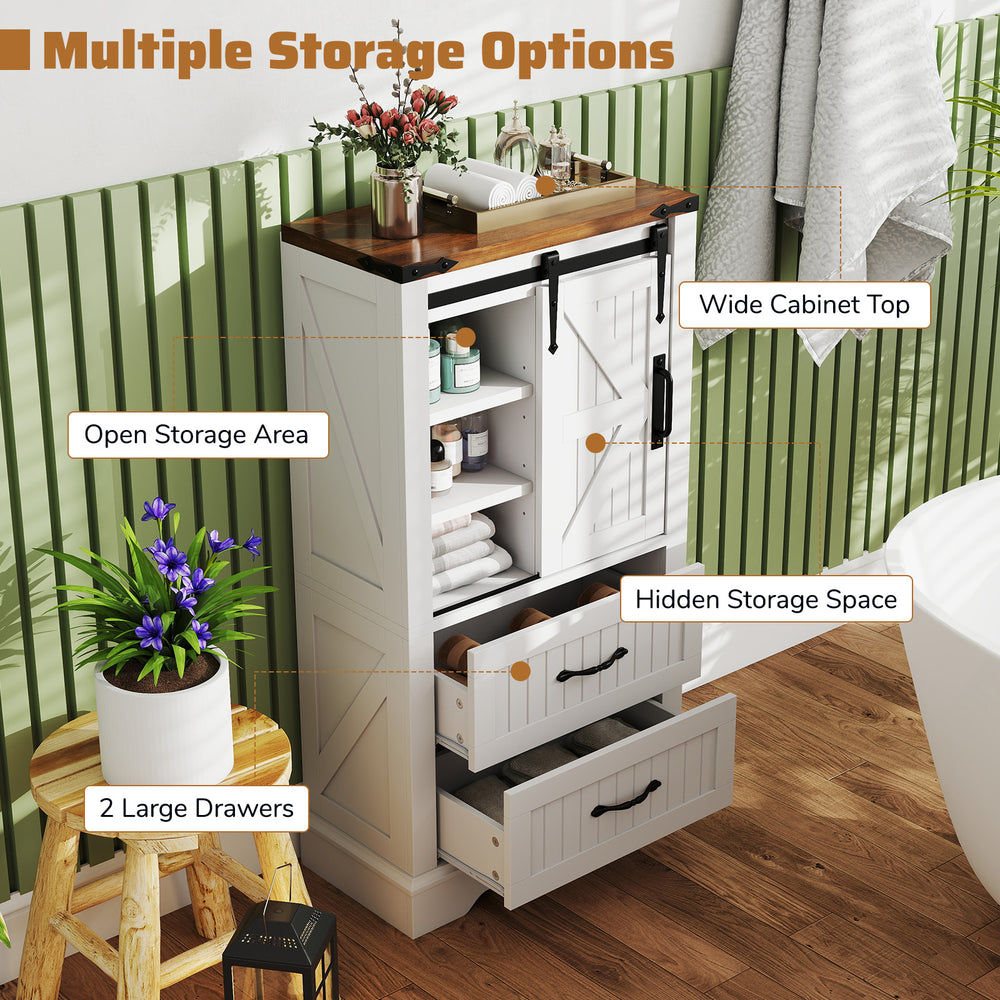 Freestanding wooden bathroom floor cabinet with sliding barn door, 2 large drawers, and open storage area for.