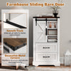 Farmhouse bathroom floor cabinet in white with sliding barn door, adjustable shelves, and decorative metal corners for.