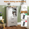 Freestanding white farmhouse bathroom cabinet with sliding barn door, adjustable shelves, and dual anti-toppling.