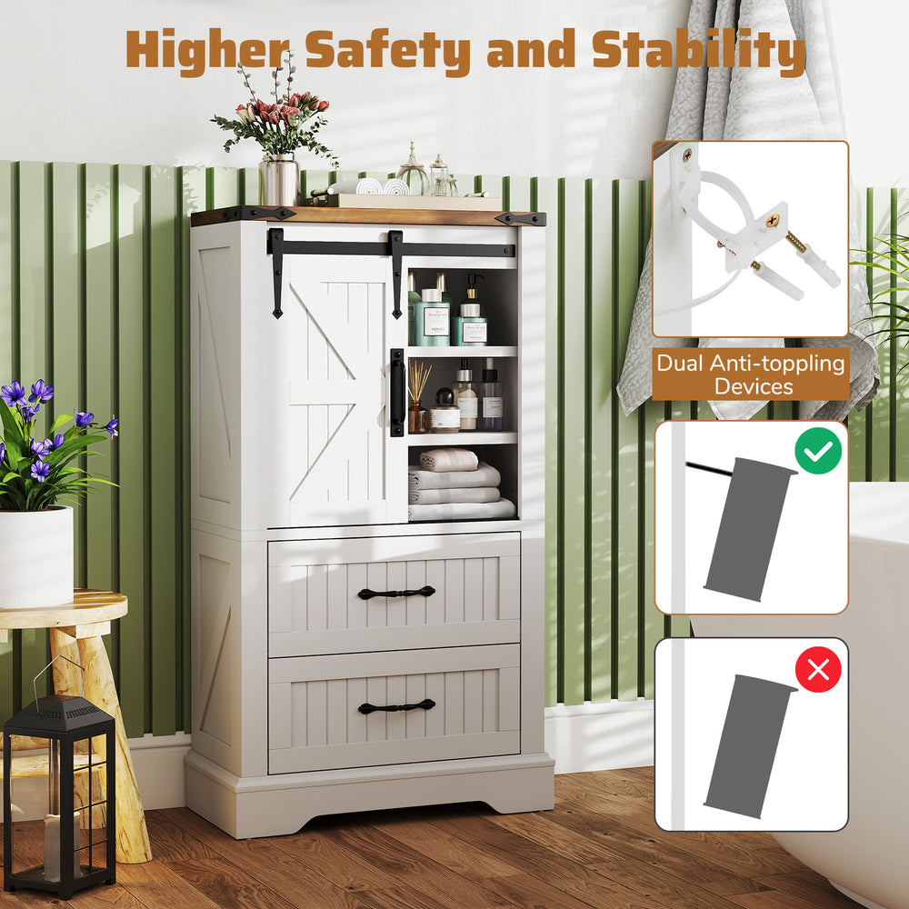 Freestanding white farmhouse bathroom cabinet with sliding barn door, adjustable shelves, and dual anti-toppling.