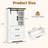 Farmhouse bathroom floor cabinet in white with sliding barn door, adjustable shelves, and two large drawers for storage.
