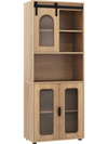 Farmhouse bathroom floor cabinet with sliding barn door, natural wood finish, featuring two cabinets and an open shelf.