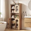 Farmhouse bathroom floor cabinet with sliding barn door, natural wood finish, featuring open shelf and translucent.