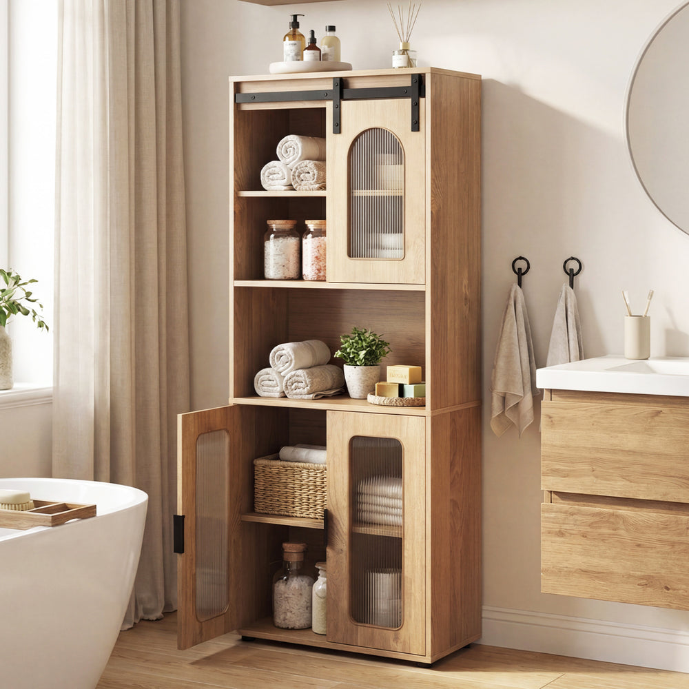 Farmhouse bathroom floor cabinet with sliding barn door, natural wood finish, featuring open shelf and translucent.