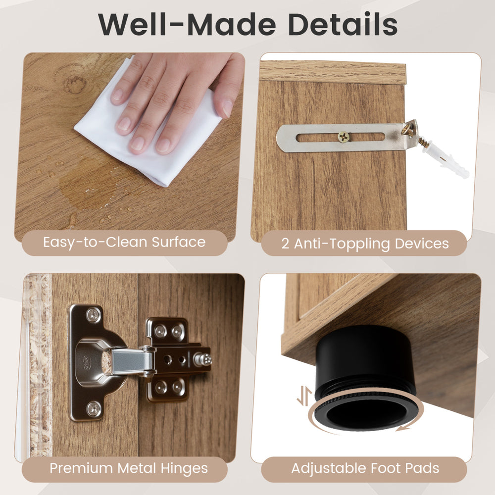 Close-up of the farmhouse bathroom cabinet's easy-to-clean surface, premium metal hinges, and adjustable foot pads for.