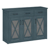 Turquoise farmhouse buffet sideboard with 3 doors and 2 drawers, featuring rustic barn doors and adjustable shelves.