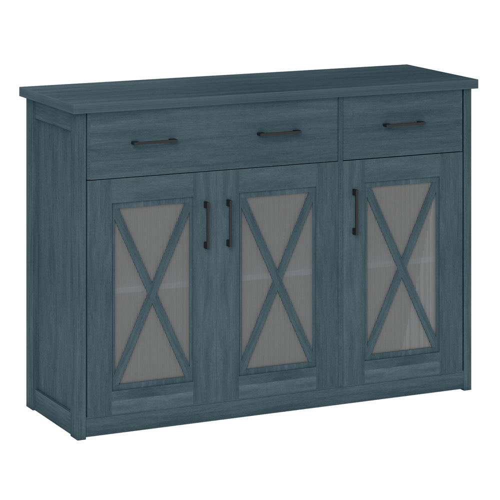 Turquoise farmhouse buffet sideboard with 3 doors and 2 drawers, featuring rustic barn doors and adjustable shelves.