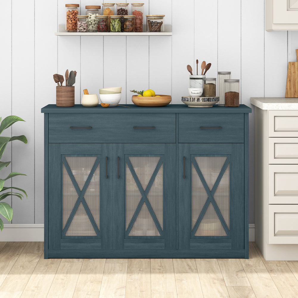 Turquoise farmhouse buffet sideboard with vintage barn doors, featuring a simple-to-clean surface for easy maintenance.