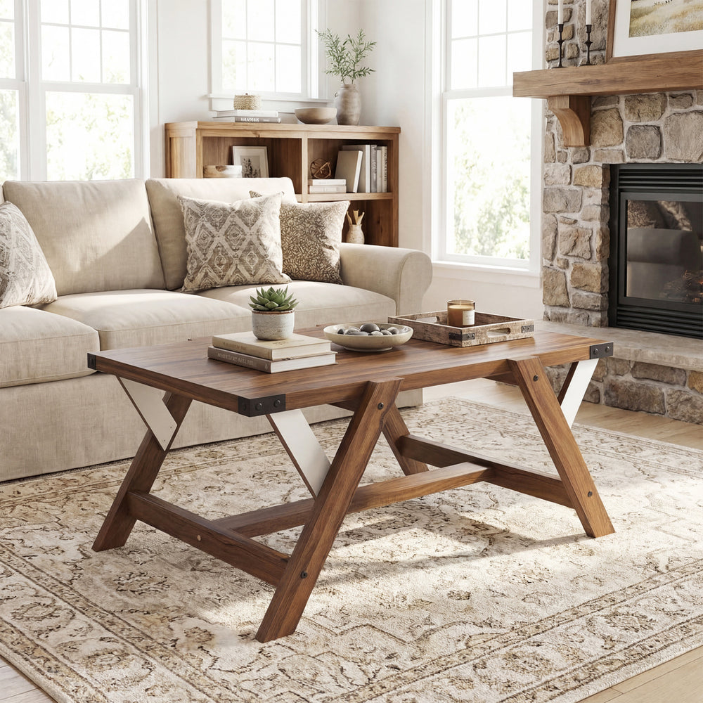 Farmhouse center table in walnut with decorative nailhead accents, featuring a spacious tabletop and stable H-shaped.