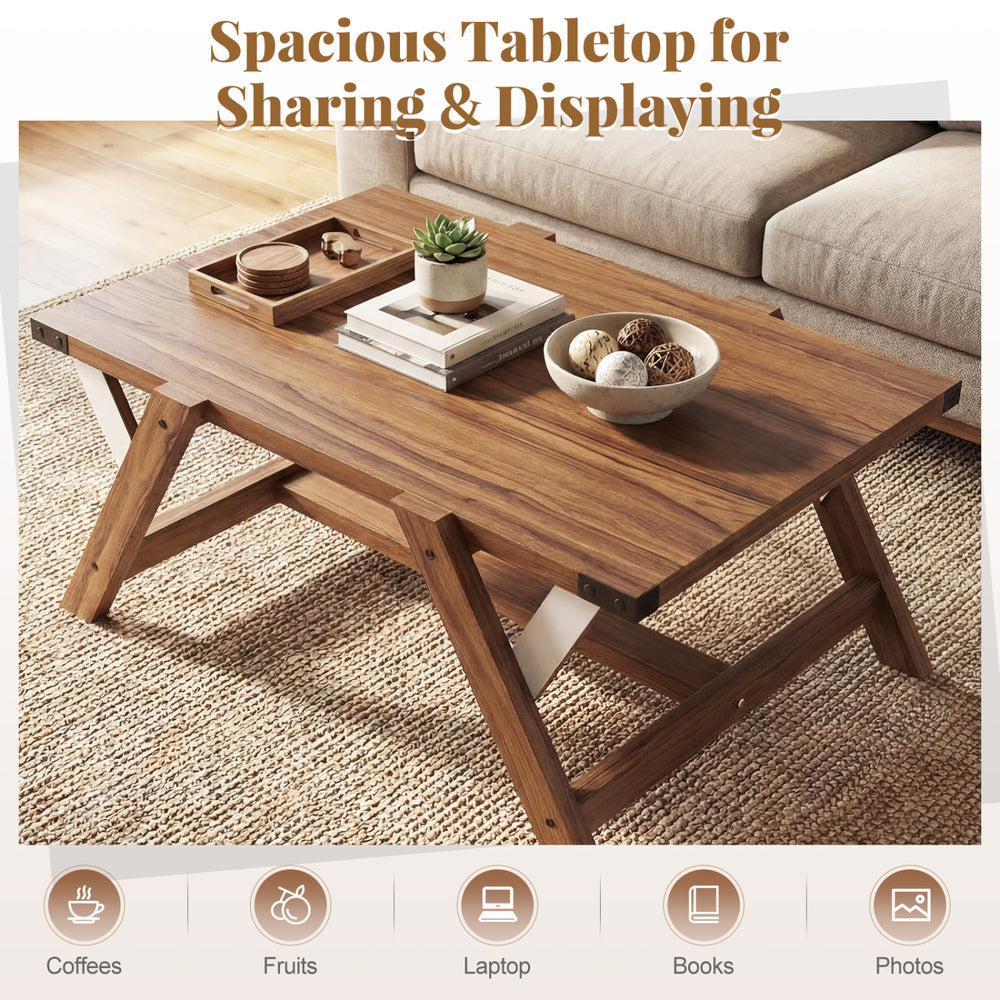 Farmhouse center table in walnut with spacious tabletop, decorative nailhead accents, ideal for living room gatherings.
