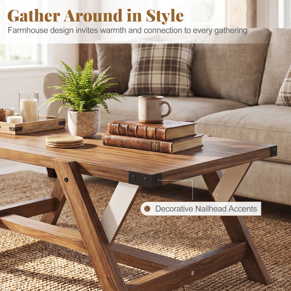 Farmhouse center table in walnut with decorative nailhead accents, featuring a spacious tabletop for living room.