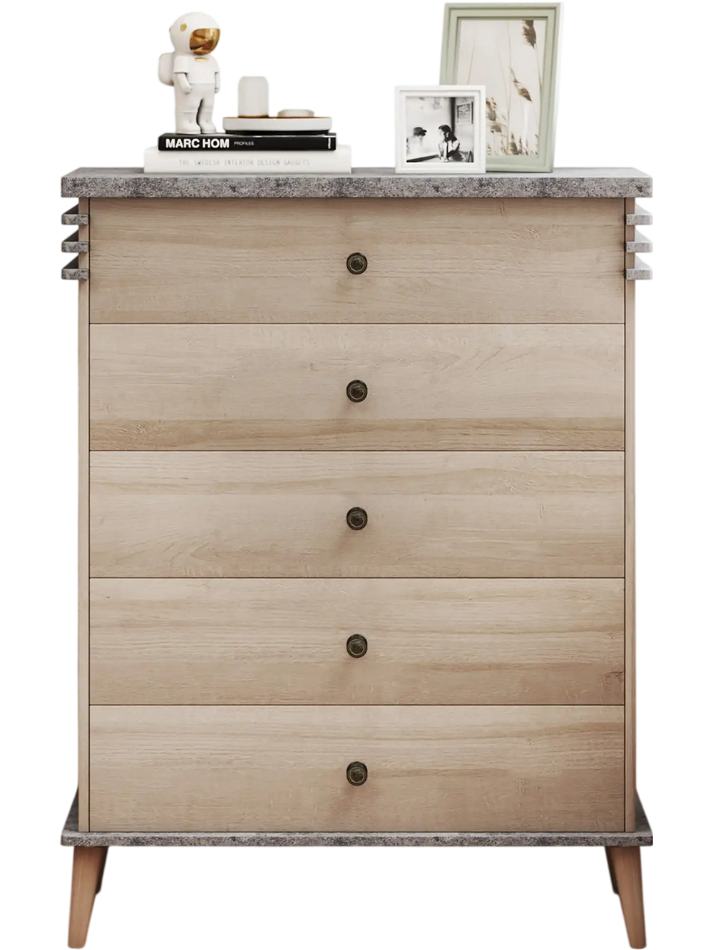 Tall farmhouse chest dresser in grey with five drawers and a sturdy top, perfect for stylish storage in any room.