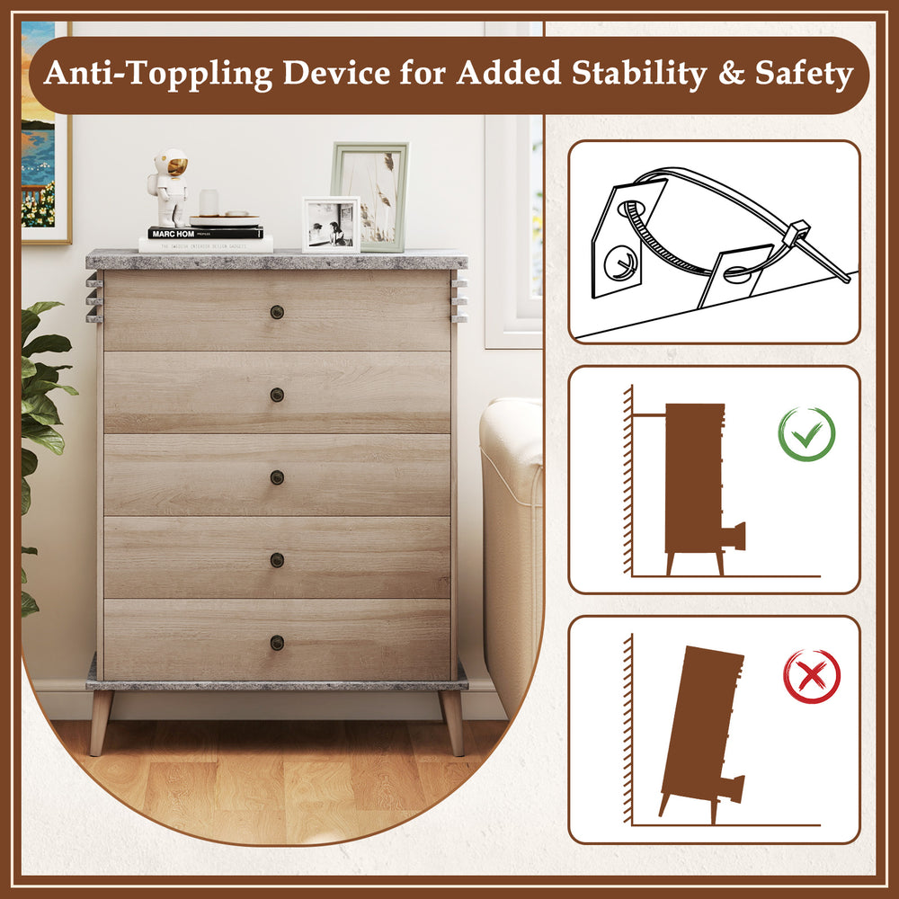 Farmhouse chest dresser with five drawers, grey finish, featuring an anti-toppling device for added stability and.