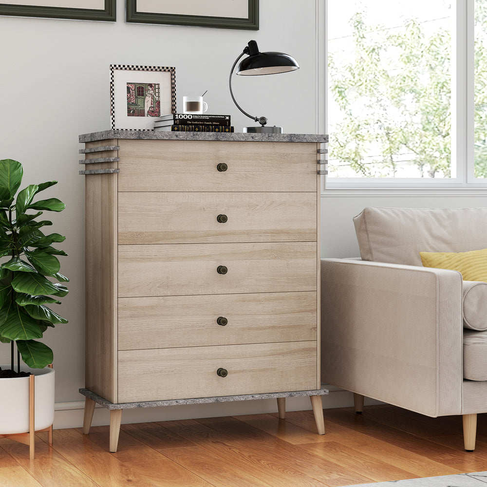 Tall farmhouse chest dresser in grey with five drawers, metal knobs, and solid rubber wood legs for stylish storage.