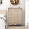Tall farmhouse chest dresser in grey with five drawers and a solid rubber wood base, perfect for stylish storage.