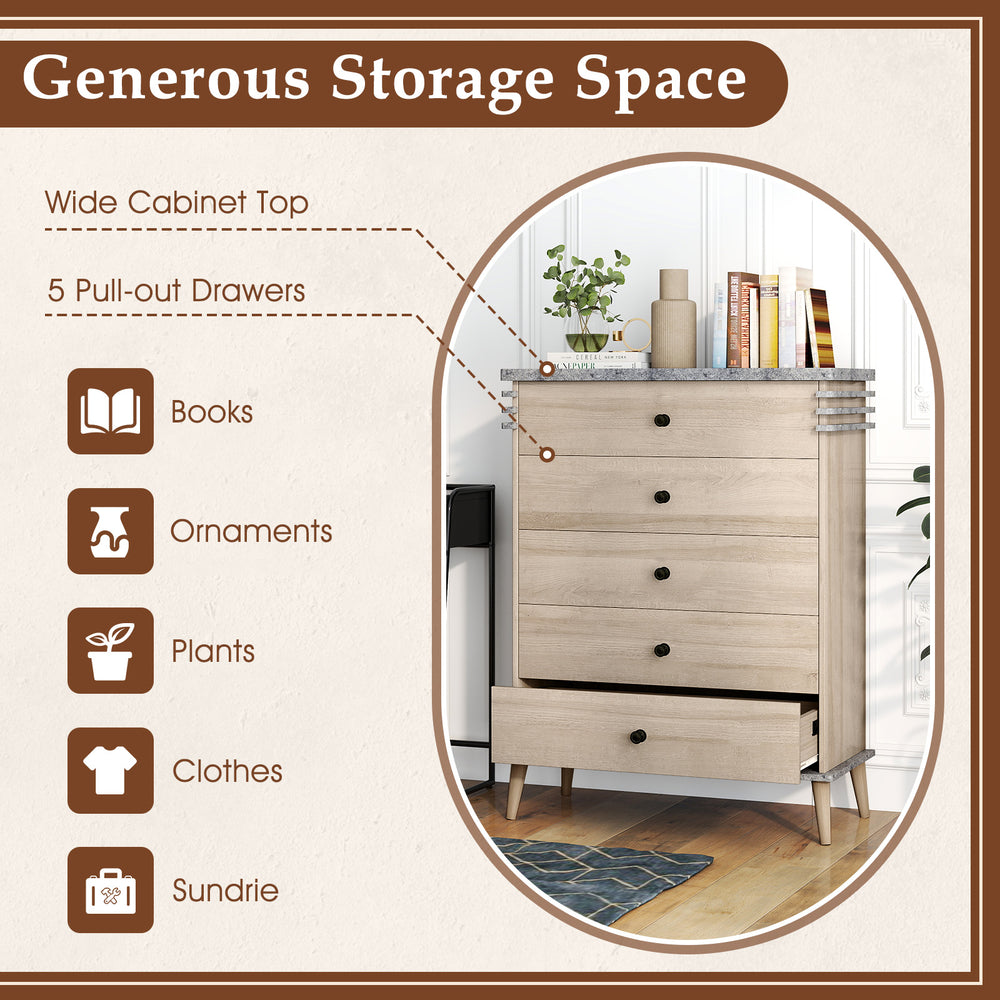 Tall farmhouse chest dresser in grey with a wide cabinet top and 5 pull-out drawers for versatile storage solutions.