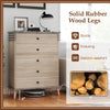 Tall farmhouse chest dresser in grey with five drawers, solid rubber wood legs, and metal knobs for stylish storage.
