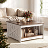 Square farmhouse coffee table with a white finish, featuring a storage shelf and a thickened, easy-to-clean tabletop.