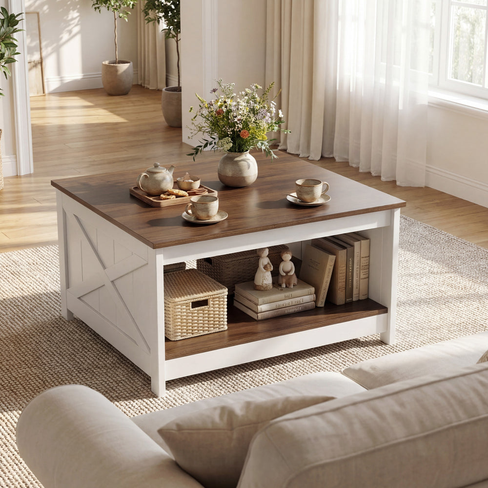 Square farmhouse coffee table with a white base, wooden top, and open storage shelf, perfect for living room decor.