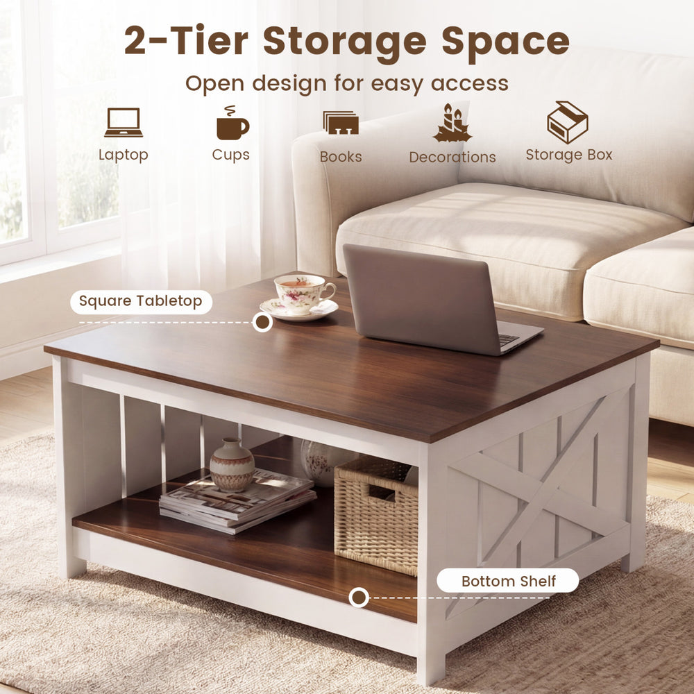 Square farmhouse coffee table with a 2-tier storage shelf, featuring a white finish and ample space for books and.