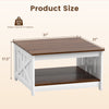 Square farmhouse coffee table with a white finish, featuring a 2-tier storage shelf and dimensions of 31"x31"x17.5".