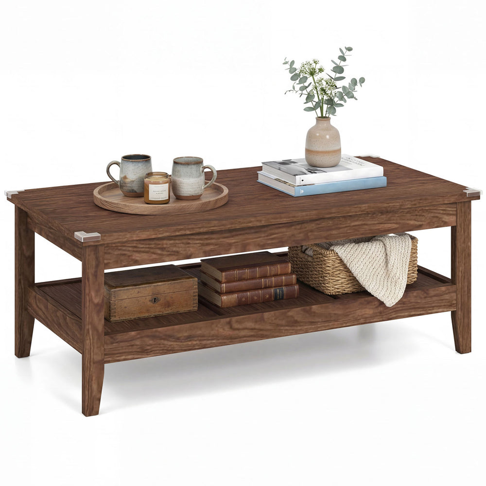 Rustic walnut coffee table with thickened tabletop, featuring 2-tier storage and elegant wood grain for a farmhouse.